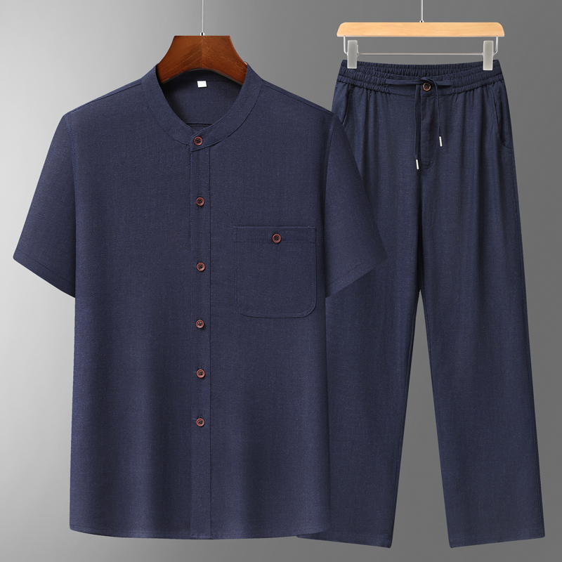 Short Linen Drawstring - Men's Cotton Linen Tang Suit Short-Sleeved