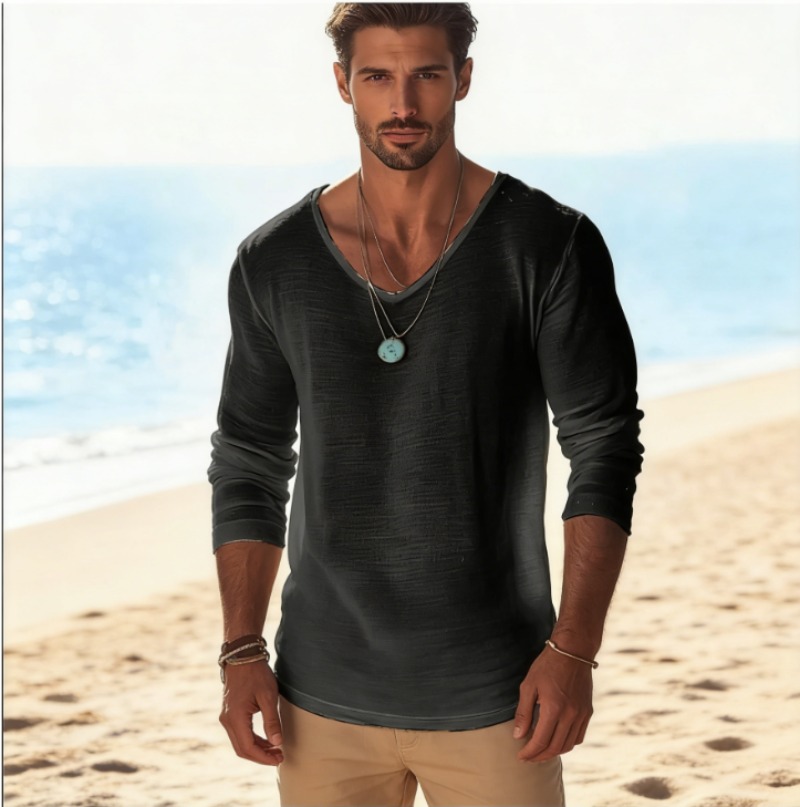 Men's Casual V-Neck Linen Blen – обзор и цена Linen Shirt Breathable
