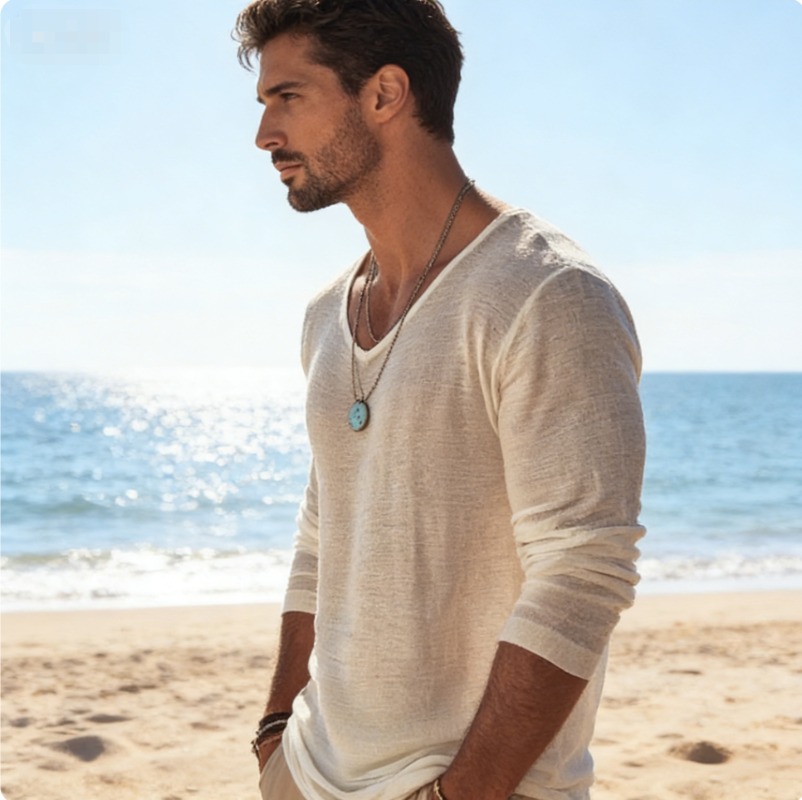 Men's Casual V-Neck Linen Blen – обзор и цена Linen Shirt Breathable